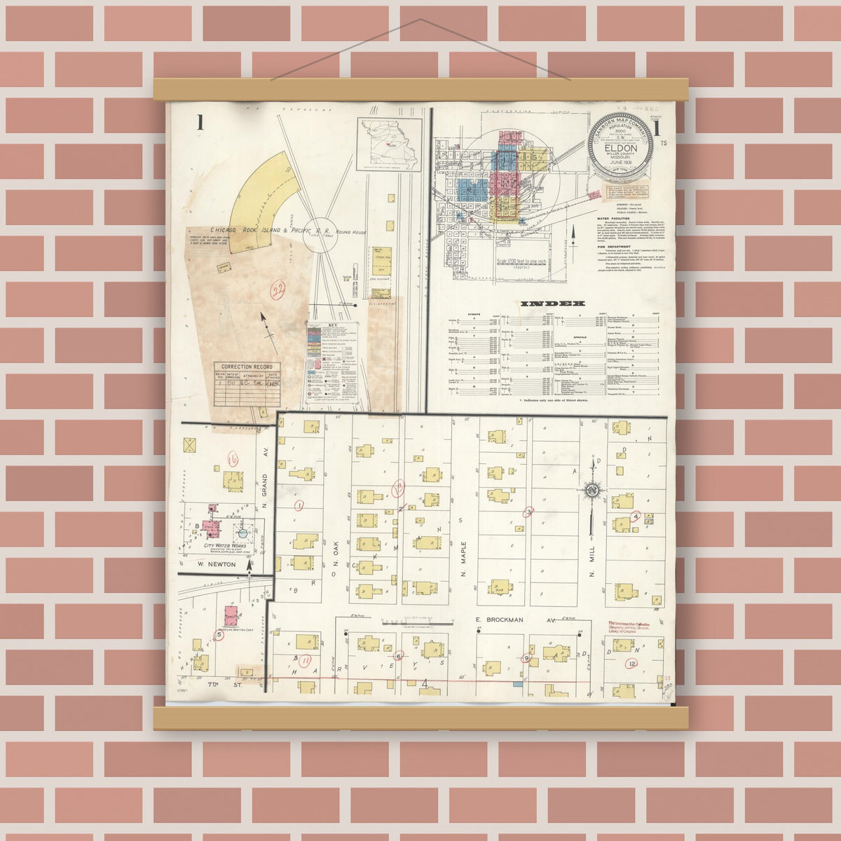 Old map wall art mockup — magnetic wood frame on brick wall — Sanborn Fire Insurance Map from Eldon, Miller County, Missouri (1941) - Complete Map Set