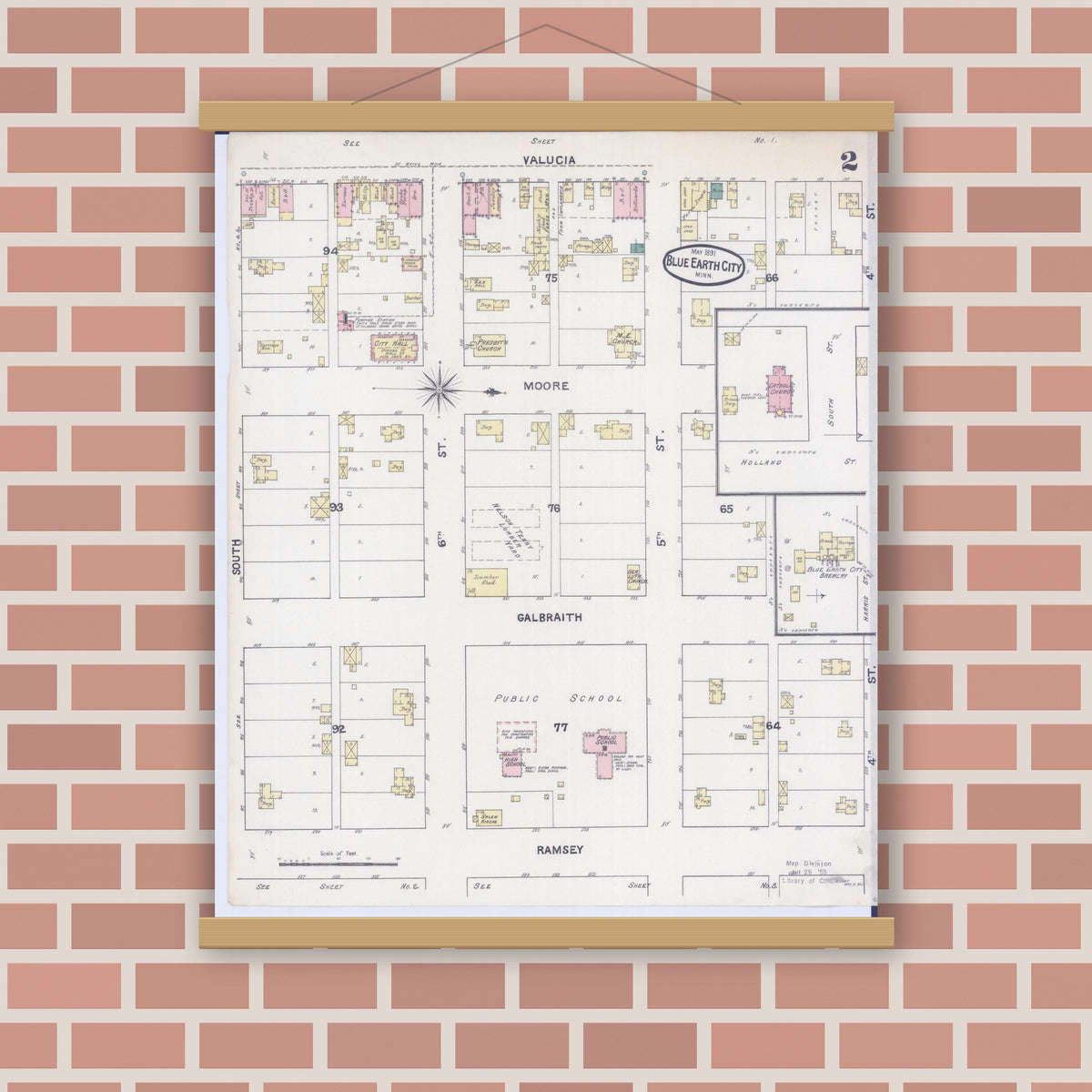 Old map wall art mockup — magnetic wood frame on brick wall — Sanborn Fire Insurance Map from Blue Earth, Faribault County, Minnesota (1891), Sheet #0002