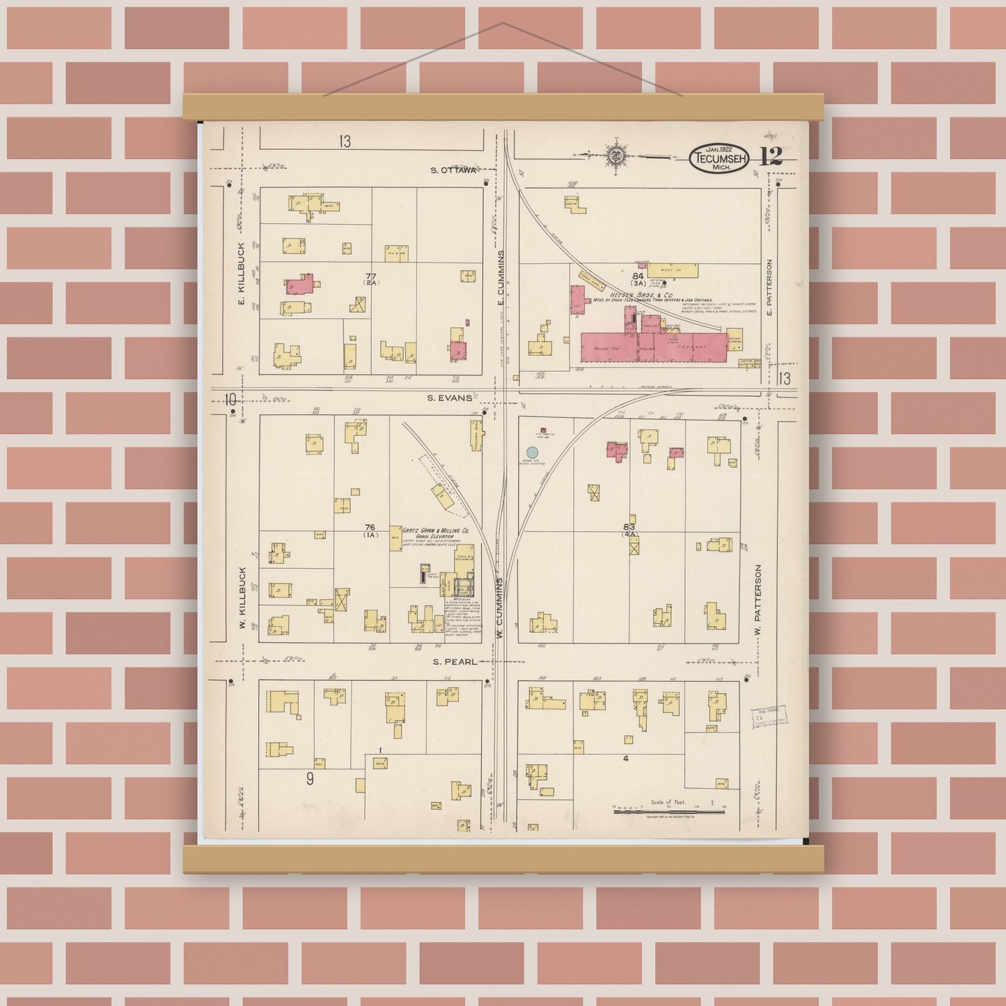 Old map wall art mockup — magnetic wood frame on brick wall — Sanborn Fire Insurance Map from Tecumseh, Lenawee County, Michigan (1922), Sheet #0012