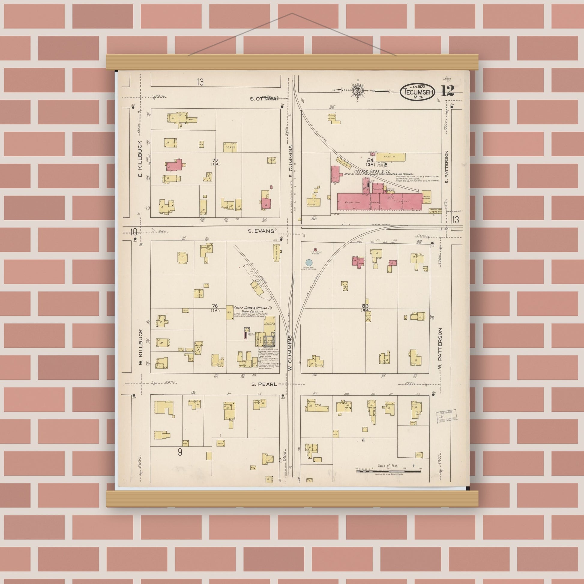 Old map wall art mockup — magnetic wood frame on brick wall — Sanborn Fire Insurance Map from Tecumseh, Lenawee County, Michigan (1922), Sheet #0012