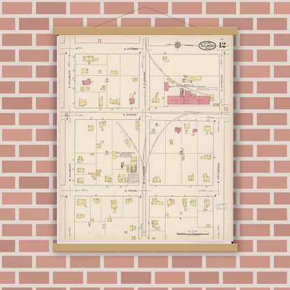 Old map wall art mockup — magnetic wood frame on brick wall — Sanborn Fire Insurance Map from Tecumseh, Lenawee County, Michigan (1922), Sheet #0012