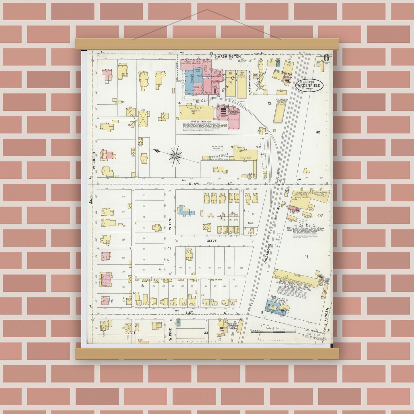 Old map wall art mockup — magnetic wood frame on brick wall — Sanborn Fire Insurance Map from Greenfield, Highland County, Ohio (1899), Sheet #0006