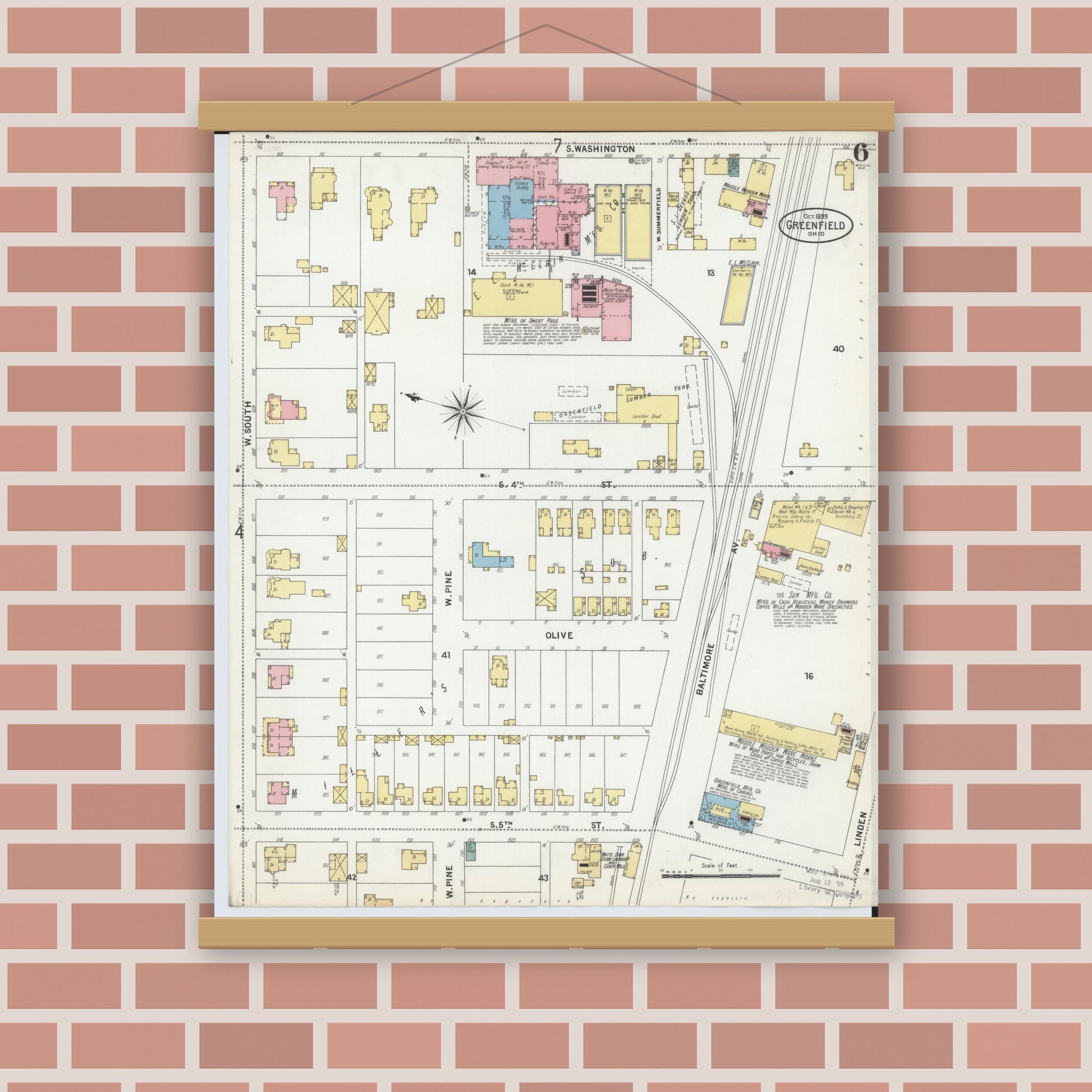Old map wall art mockup — magnetic wood frame on brick wall — Sanborn Fire Insurance Map from Greenfield, Highland County, Ohio (1899), Sheet #0006