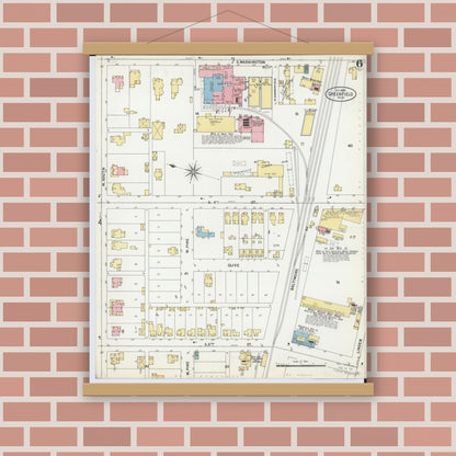 Old map wall art mockup — magnetic wood frame on brick wall — Sanborn Fire Insurance Map from Greenfield, Highland County, Ohio (1899), Sheet #0006