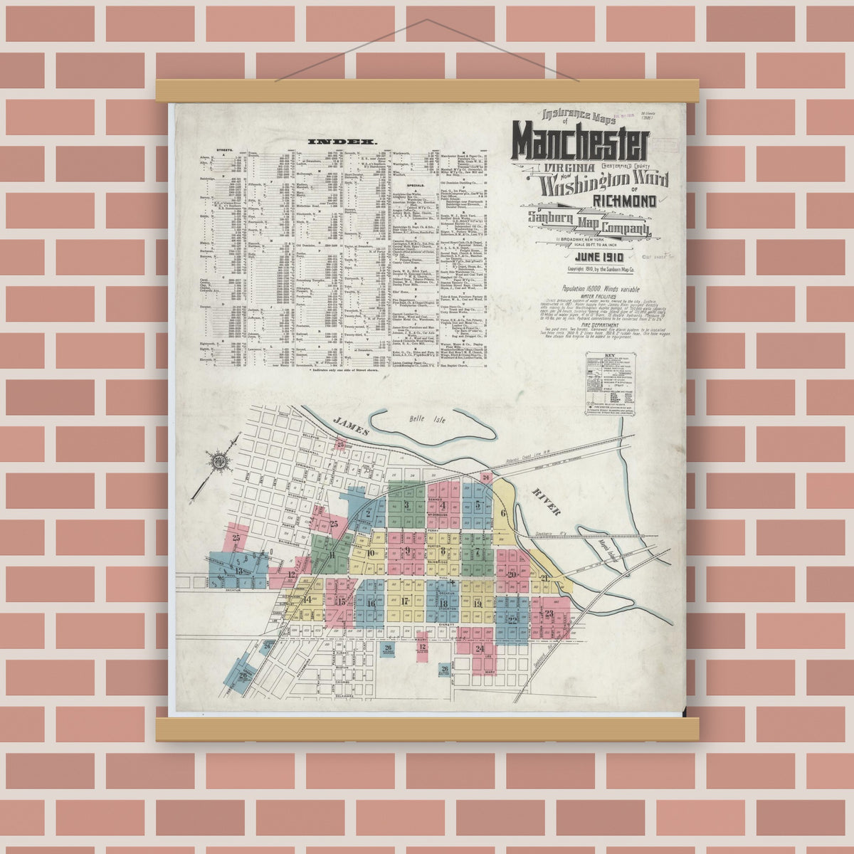 Old map wall art mockup — magnetic wood frame on brick wall — Sanborn Fire Insurance Map from Manchester, Chesterfield County, Virginia (1910), Sheet #0001