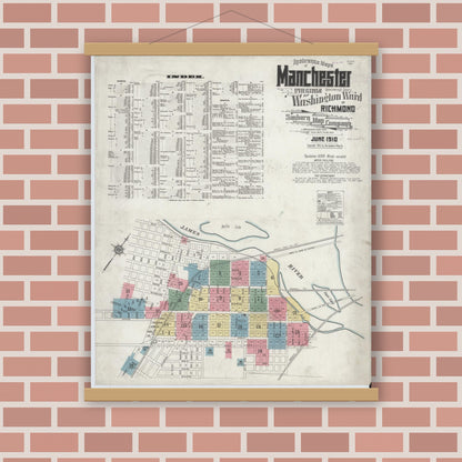Old map wall art mockup — magnetic wood frame on brick wall — Sanborn Fire Insurance Map from Manchester, Chesterfield County, Virginia (1910), Sheet #0001