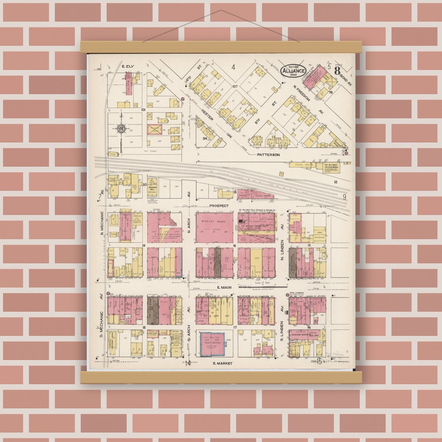 Old map wall art mockup — magnetic wood frame on brick wall — Sanborn Fire Insurance Map from Alliance, Stark County, Ohio (1921), Sheet #0008