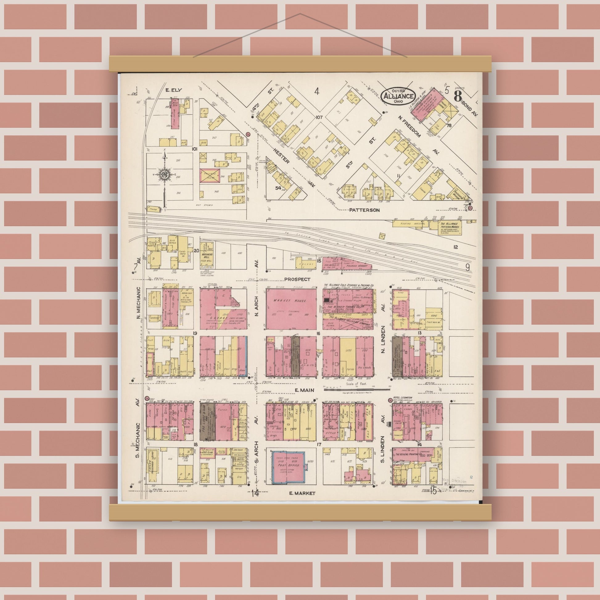Old map wall art mockup — magnetic wood frame on brick wall — Sanborn Fire Insurance Map from Alliance, Stark County, Ohio (1921), Sheet #0008
