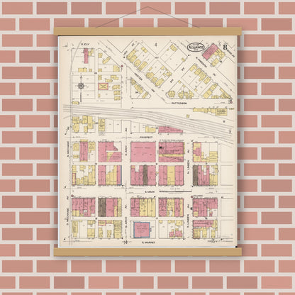 Old map wall art mockup — magnetic wood frame on brick wall — Sanborn Fire Insurance Map from Alliance, Stark County, Ohio (1921), Sheet #0008