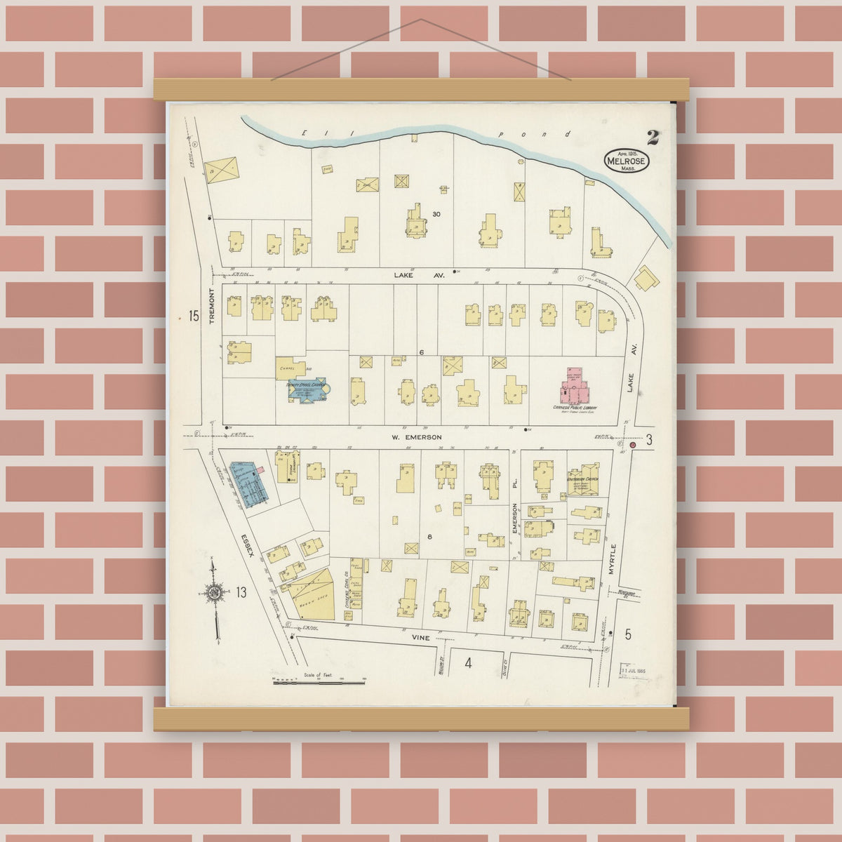 Old map wall art mockup — magnetic wood frame on brick wall — Sanborn Fire Insurance Map from Melrose, Middlesex County, Massachusetts (1915), Sheet #0002