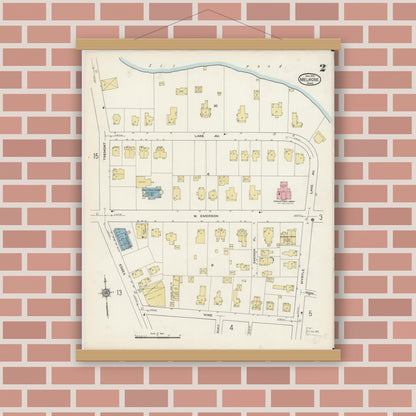 Old map wall art mockup — magnetic wood frame on brick wall — Sanborn Fire Insurance Map from Melrose, Middlesex County, Massachusetts (1915), Sheet #0002