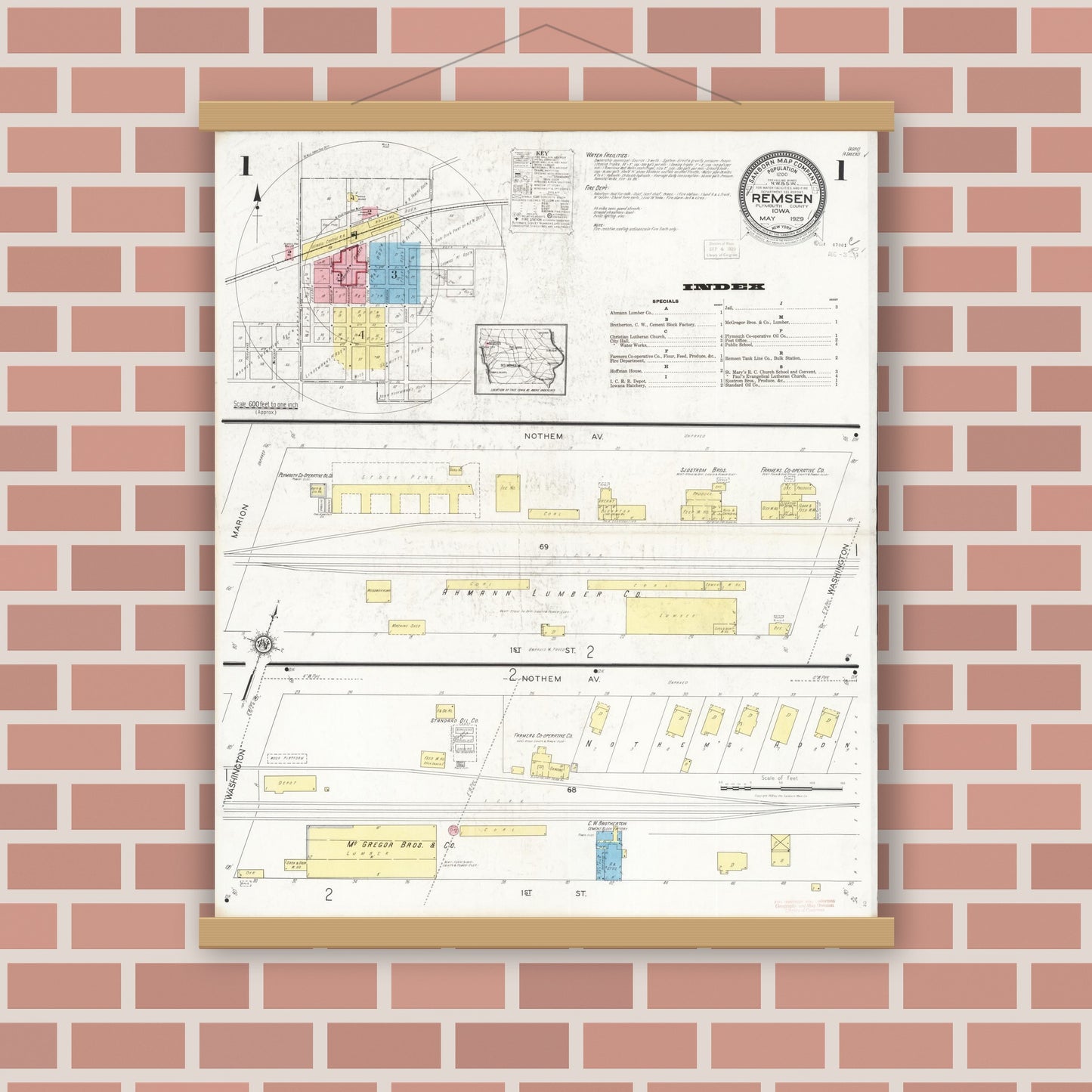 Old map wall art mockup — magnetic wood frame on brick wall — Sanborn Fire Insurance Map from Remsen, Plymouth County, Iowa (1929), Sheet #0001