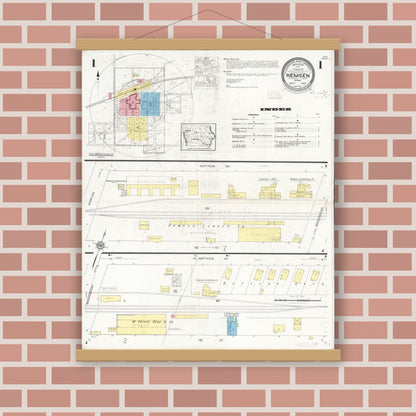 Old map wall art mockup — magnetic wood frame on brick wall — Sanborn Fire Insurance Map from Remsen, Plymouth County, Iowa (1929), Sheet #0001