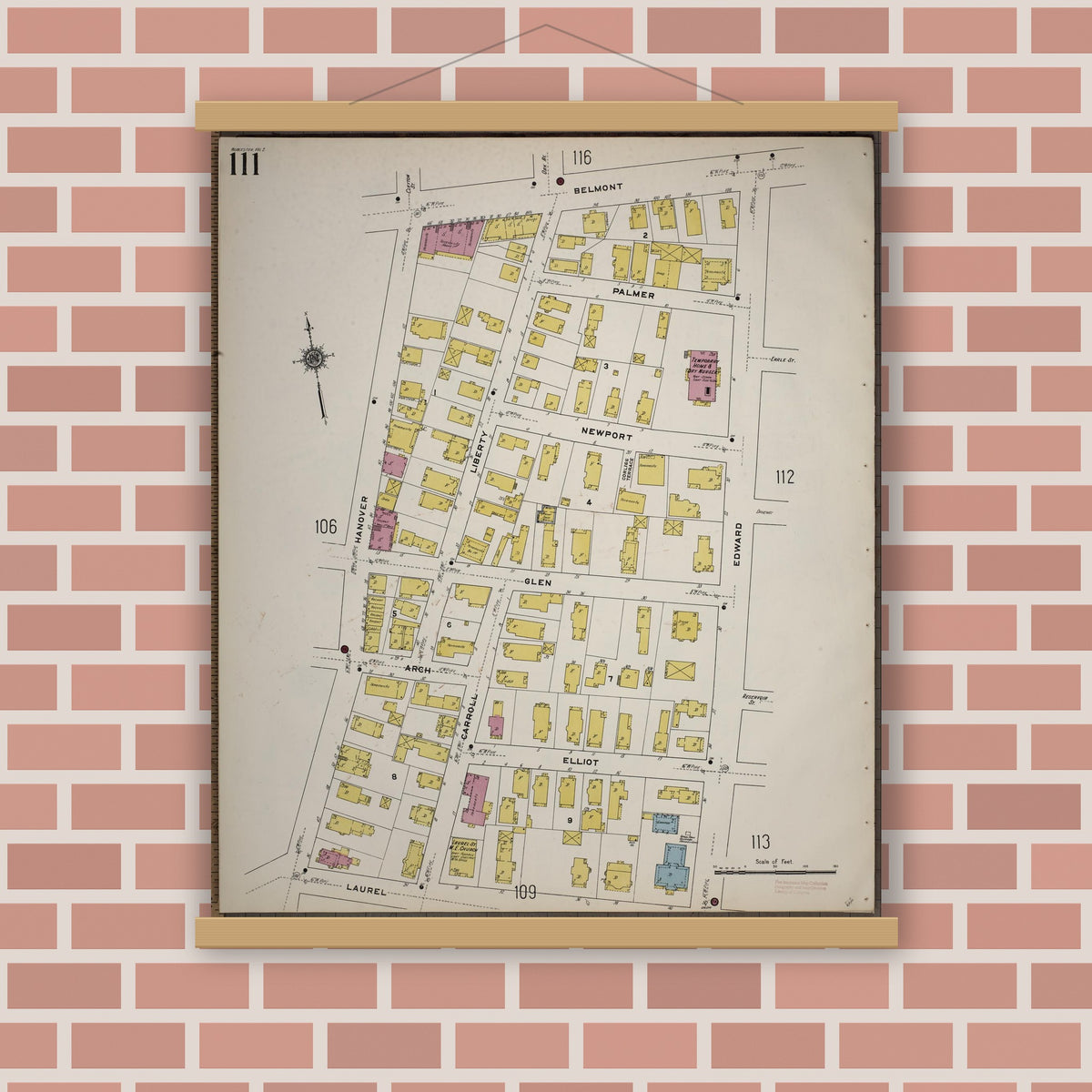 Old map wall art mockup — magnetic wood frame on brick wall — Sanborn Fire Insurance Map from Worcester, Worcester County, Massachusetts (1910), Sheet #0111