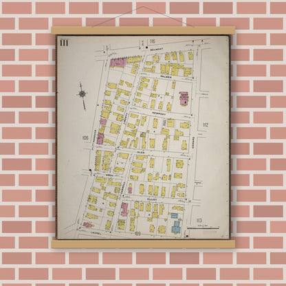 Old map wall art mockup — magnetic wood frame on brick wall — Sanborn Fire Insurance Map from Worcester, Worcester County, Massachusetts (1910), Sheet #0111