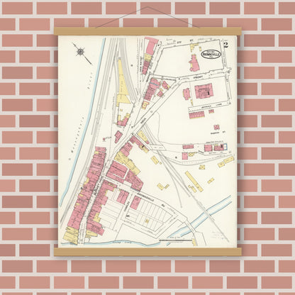 Old map wall art mockup — magnetic wood frame on brick wall — Sanborn Fire Insurance Map from Brownsville, Fayette County, Pennsylvania (1921), Sheet #0002