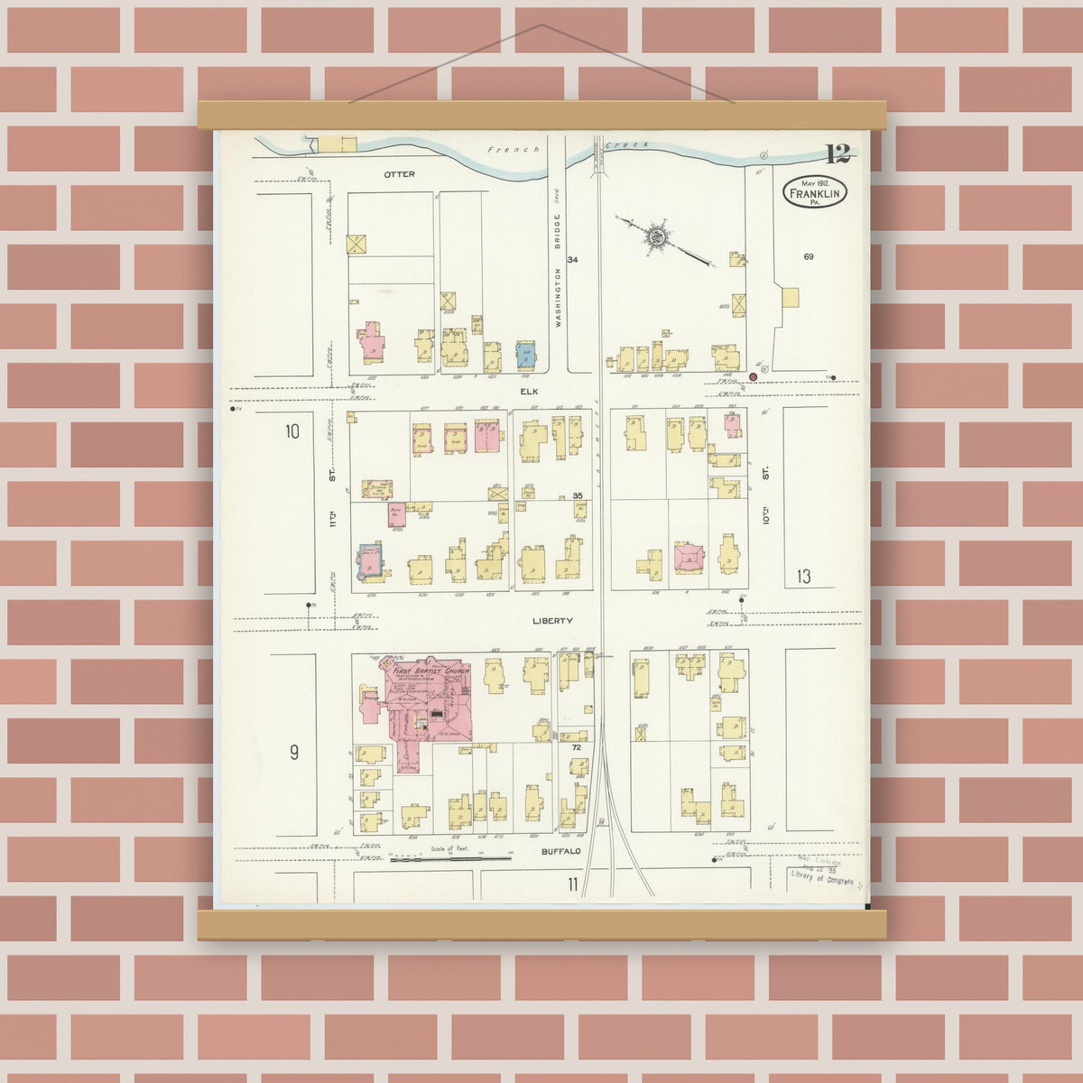 Old map wall art mockup — magnetic wood frame on brick wall — Sanborn Fire Insurance Map from Franklin, Venango County, Pennsylvania (1912), Sheet #0012