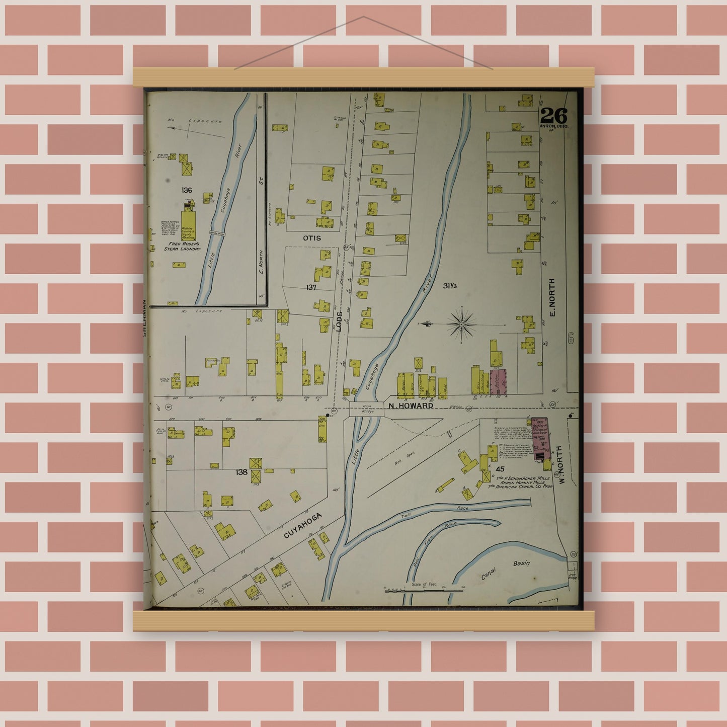 Old map wall art mockup — magnetic wood frame on brick wall — Sanborn Fire Insurance Map from Akron, Summit County, Ohio (1892), Sheet #0026