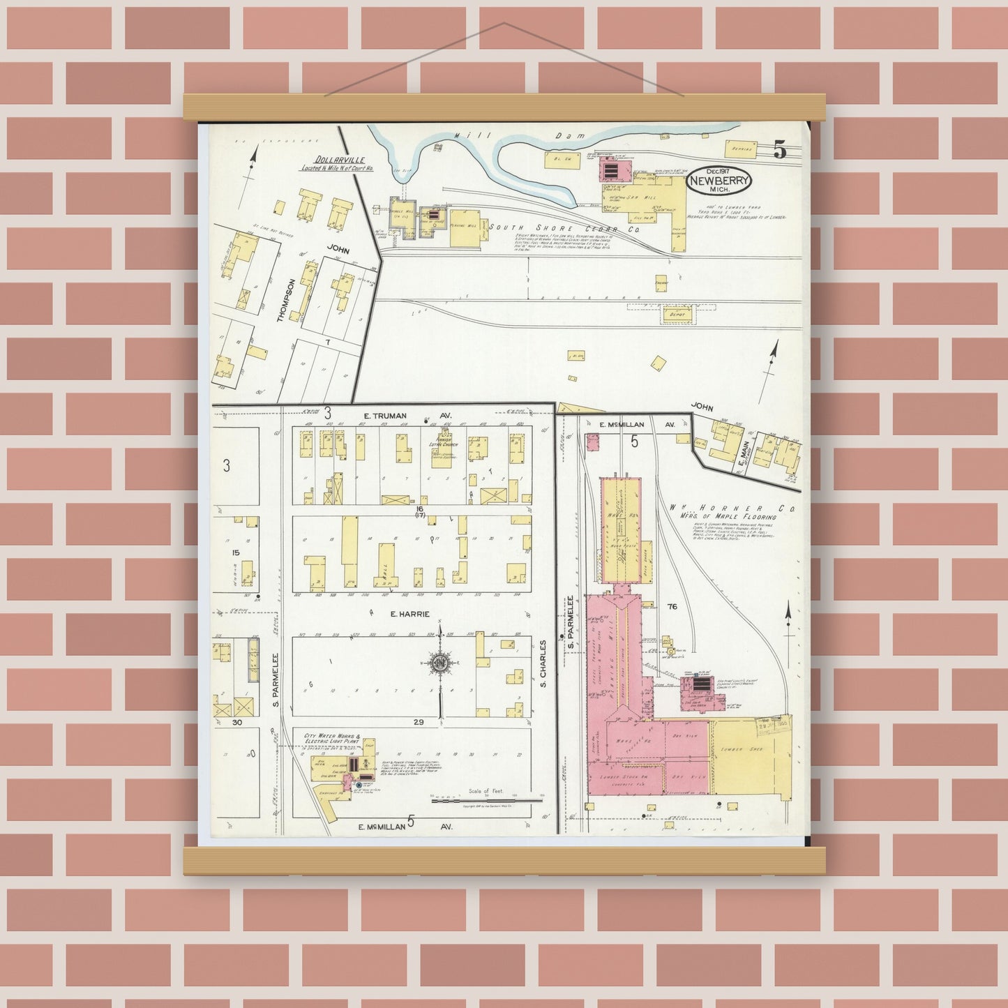Old map wall art mockup — magnetic wood frame on brick wall — Sanborn Fire Insurance Map from Newberry, Luce County, Michigan (1917), Sheet #0005
