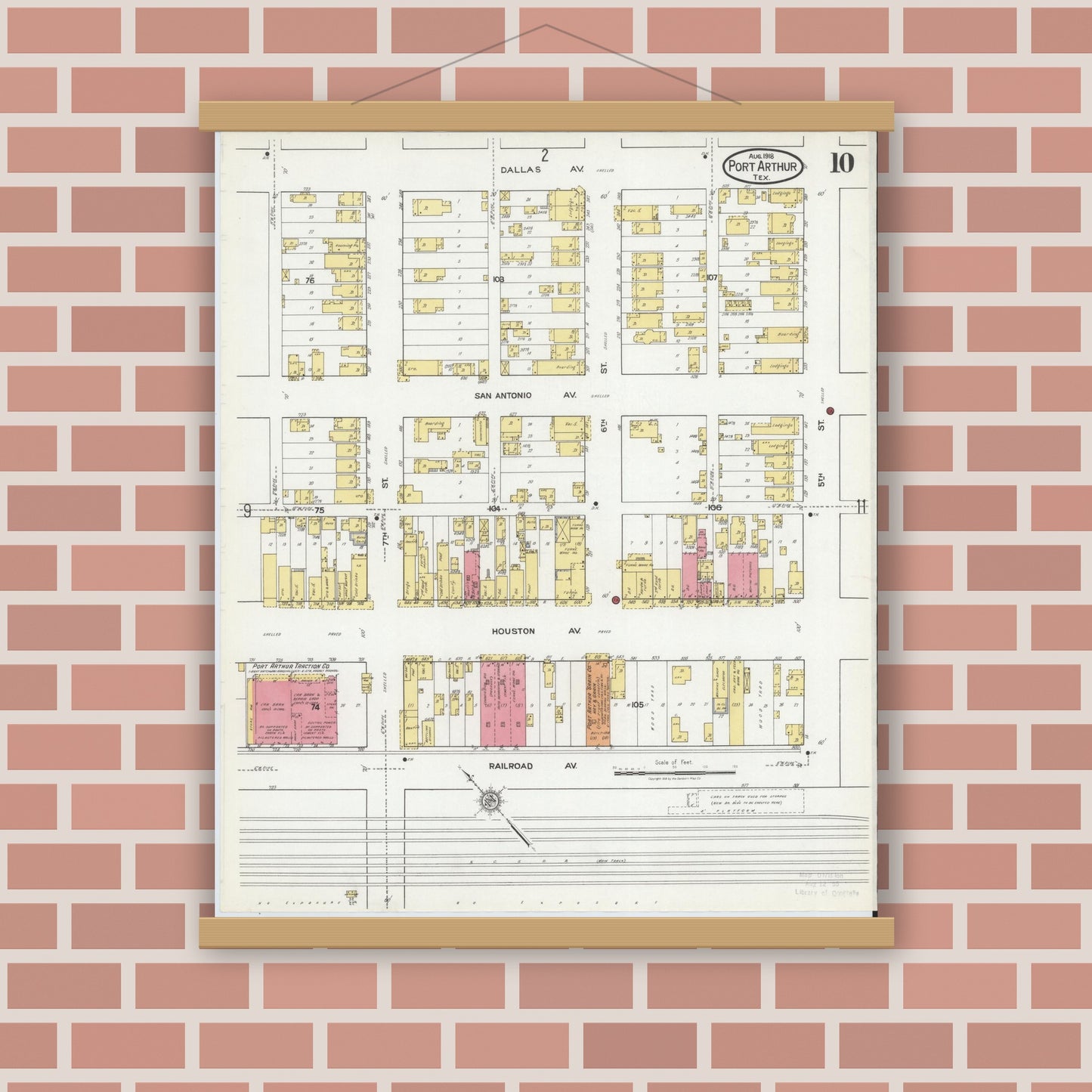 Old map wall art mockup — magnetic wood frame on brick wall — Sanborn Fire Insurance Map from Port Arthur, Jefferson County, Texas (1918), Sheet #0010
