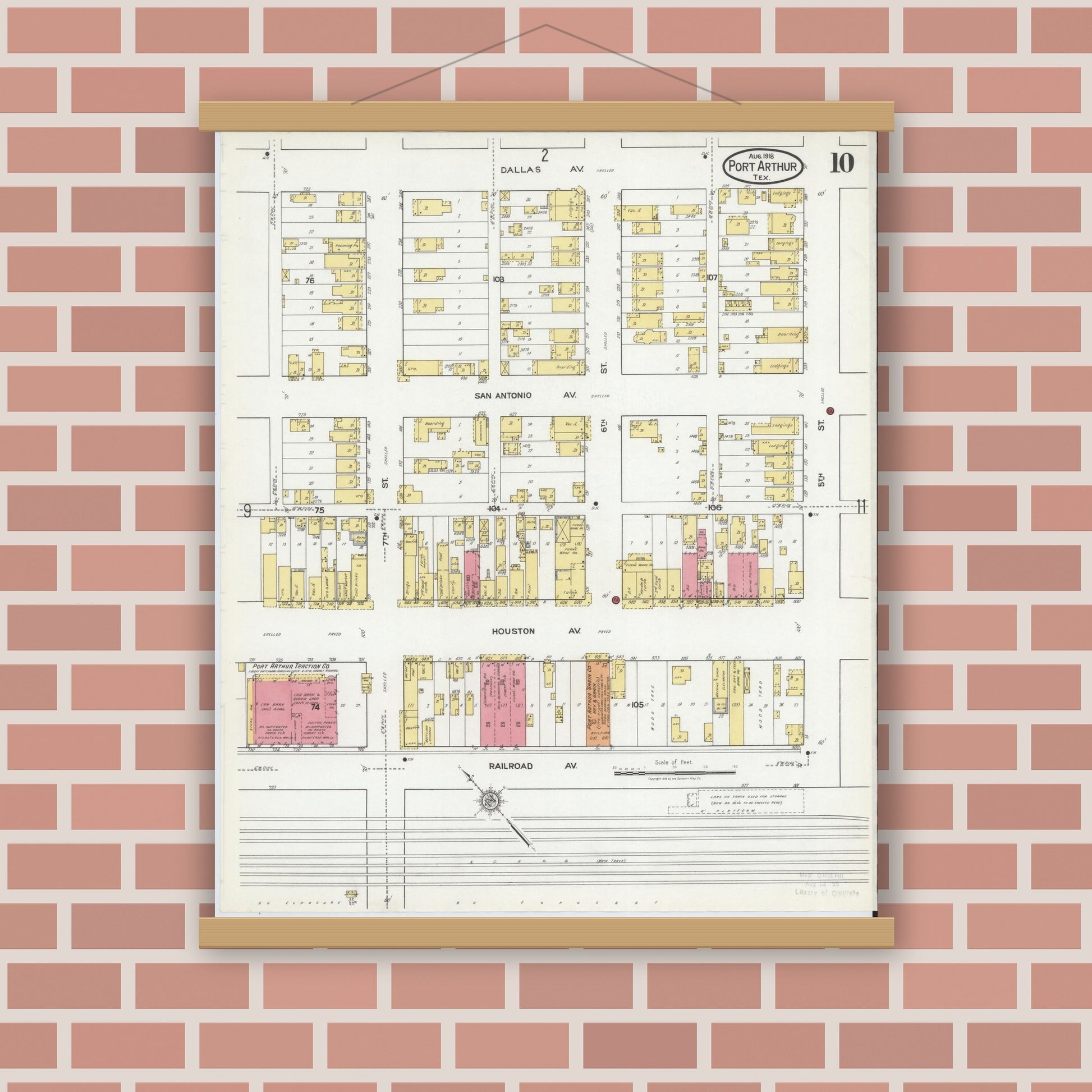 Old map wall art mockup — magnetic wood frame on brick wall — Sanborn Fire Insurance Map from Port Arthur, Jefferson County, Texas (1918), Sheet #0010