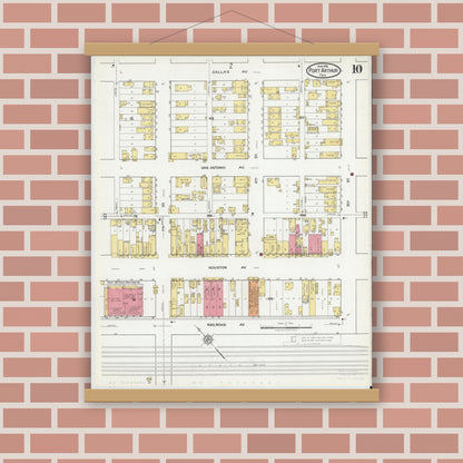 Old map wall art mockup — magnetic wood frame on brick wall — Sanborn Fire Insurance Map from Port Arthur, Jefferson County, Texas (1918), Sheet #0010