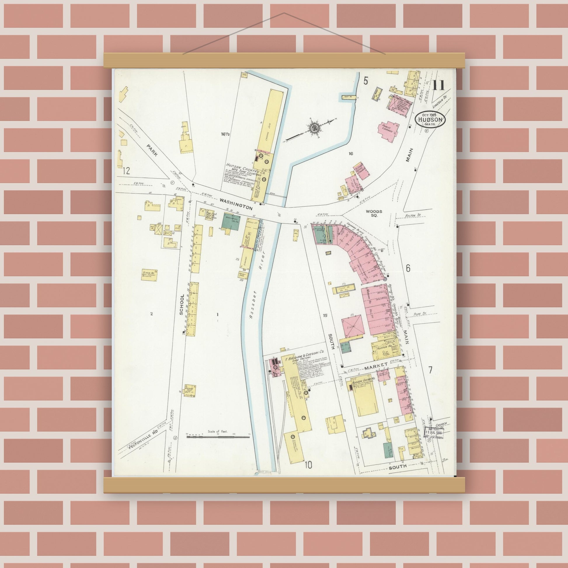 Old map wall art mockup — magnetic wood frame on brick wall — Sanborn Fire Insurance Map from Hudson, Middlesex County, Massachusetts (1909), Sheet #0011