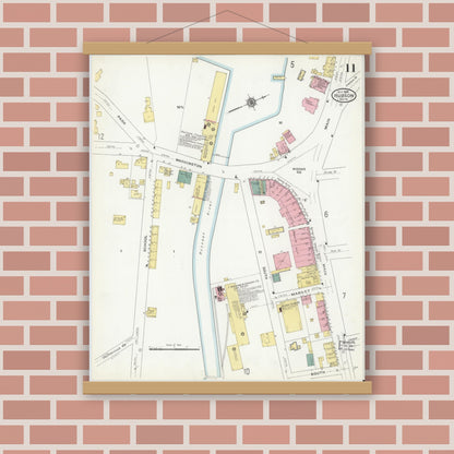 Old map wall art mockup — magnetic wood frame on brick wall — Sanborn Fire Insurance Map from Hudson, Middlesex County, Massachusetts (1909), Sheet #0011