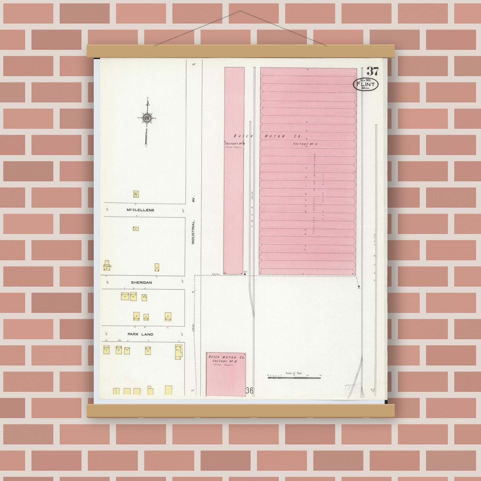 Old map wall art mockup — magnetic wood frame on brick wall — Sanborn Fire Insurance Map from Flint, Genesee County, Michigan (1909), Sheet #0037