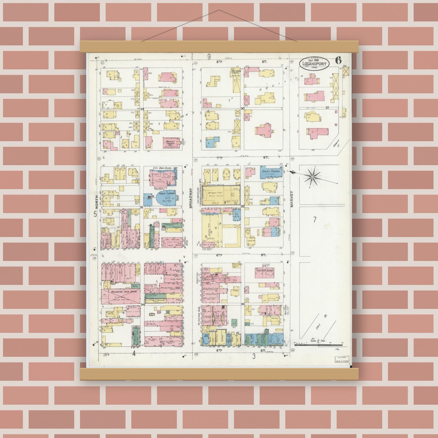 Old map wall art mockup — magnetic wood frame on brick wall — Sanborn Fire Insurance Map from Logansport, Cass County, Indiana (1906), Sheet #0006