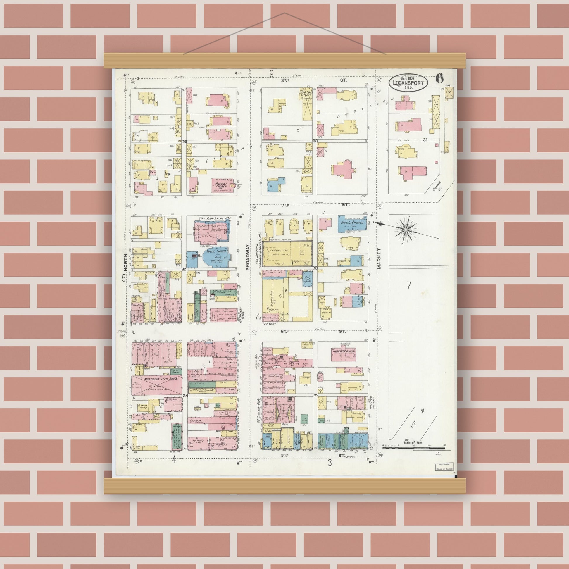 Old map wall art mockup — magnetic wood frame on brick wall — Sanborn Fire Insurance Map from Logansport, Cass County, Indiana (1906), Sheet #0006