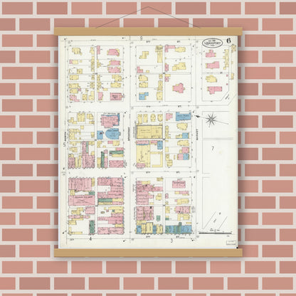 Old map wall art mockup — magnetic wood frame on brick wall — Sanborn Fire Insurance Map from Logansport, Cass County, Indiana (1906), Sheet #0006