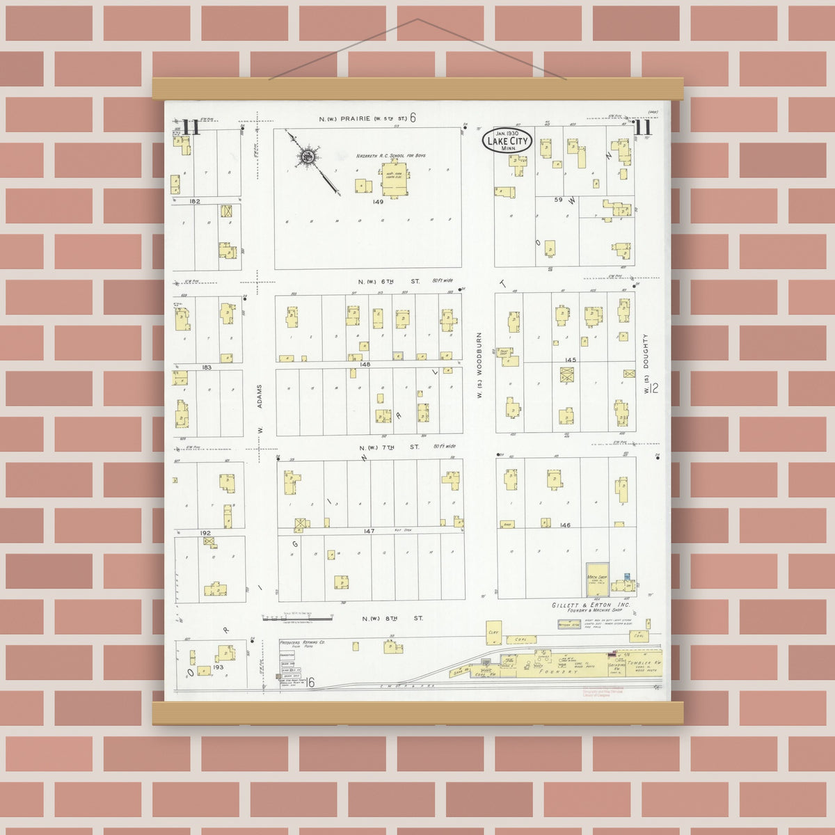 Old map wall art mockup — magnetic wood frame on brick wall — Sanborn Fire Insurance Map from Lake City, Wabasha County, Minnesota (1930), Sheet #0011
