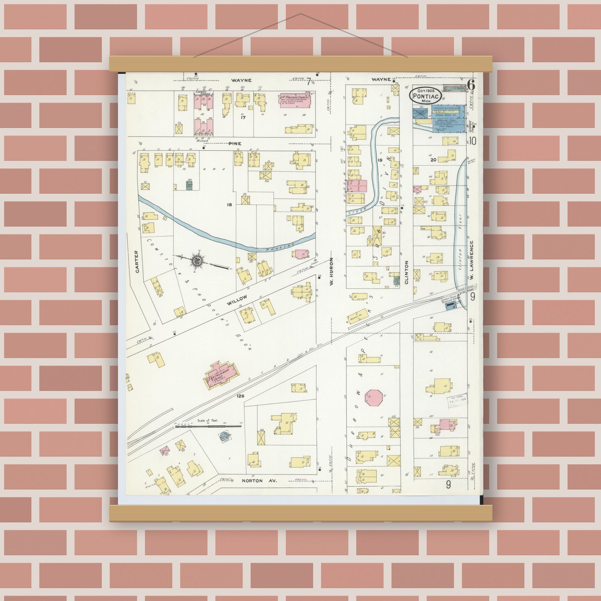 Old map wall art mockup — magnetic wood frame on brick wall — Sanborn Fire Insurance Map from Pontiac, Oakland County, Michigan (1909), Sheet #0006