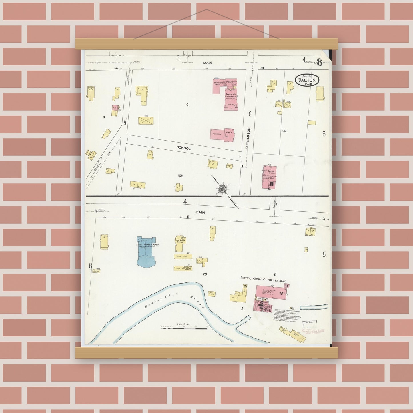 Old map wall art mockup — magnetic wood frame on brick wall — Sanborn Fire Insurance Map from Dalton, Berkshire County, Massachusetts (1911), Sheet #0008