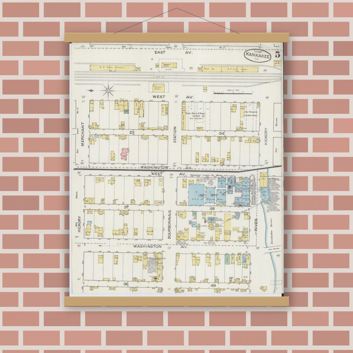 Old map wall art mockup — magnetic wood frame on brick wall — Sanborn Fire Insurance Map from Kankakee, Kankakee County, Illinois (1887), Sheet #0005