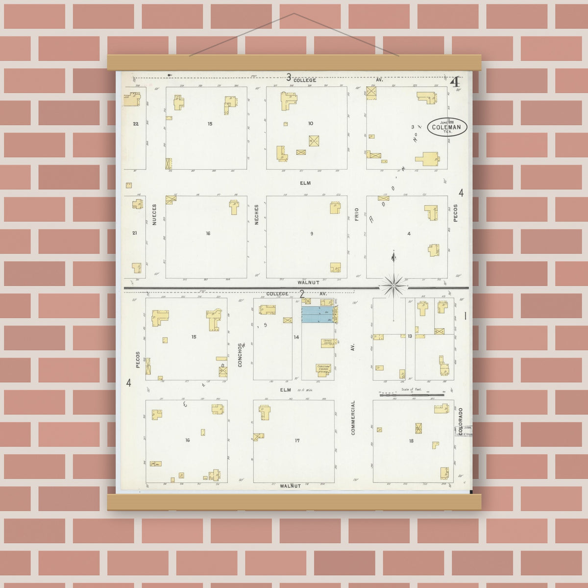 Old map wall art mockup — magnetic wood frame on brick wall — Sanborn Fire Insurance Map from Coleman, Coleman County, Texas (1898), Sheet #0004