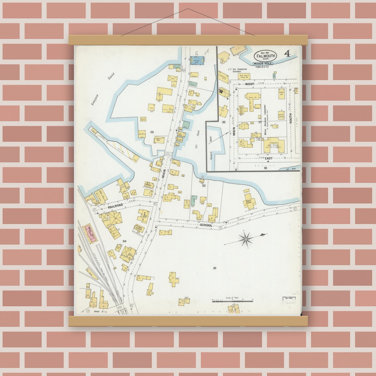 Old map wall art mockup — magnetic wood frame on brick wall — Sanborn Fire Insurance Map from Falmouth, Barnstable County, Massachusetts (1901), Sheet #0004