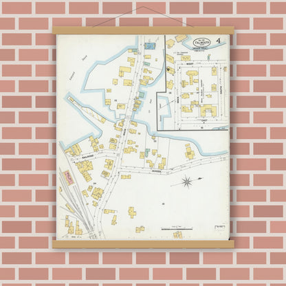 Old map wall art mockup — magnetic wood frame on brick wall — Sanborn Fire Insurance Map from Falmouth, Barnstable County, Massachusetts (1901), Sheet #0004