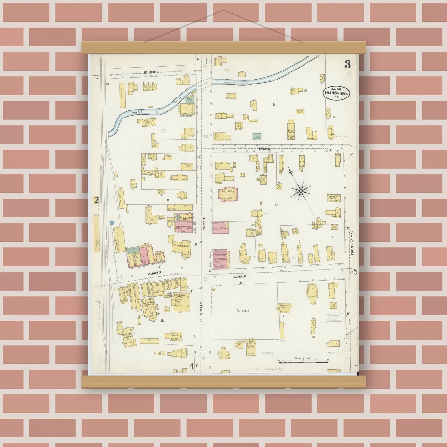 Old map wall art mockup — magnetic wood frame on brick wall — Sanborn Fire Insurance Map from Bainbridge, Chenango County, New York (1903), Sheet #0003
