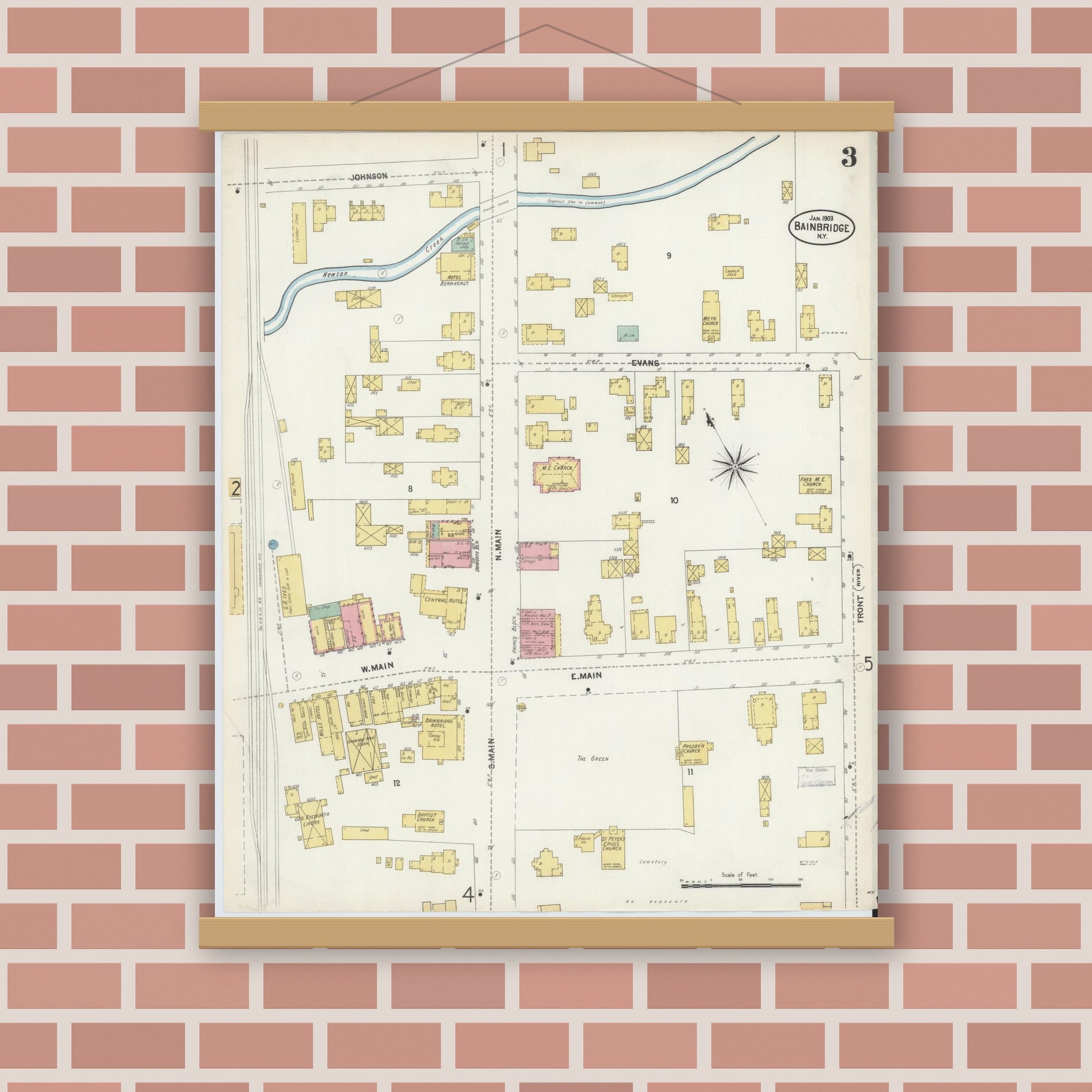 Old map wall art mockup — magnetic wood frame on brick wall — Sanborn Fire Insurance Map from Bainbridge, Chenango County, New York (1903), Sheet #0003