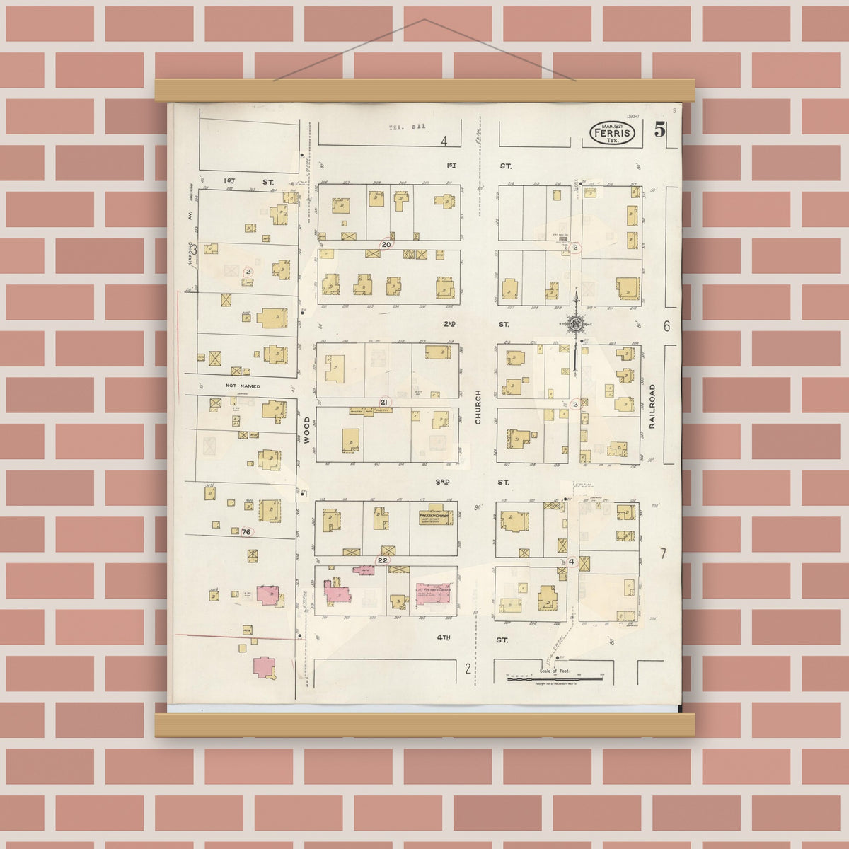 Old map wall art mockup — magnetic wood frame on brick wall — Sanborn Fire Insurance Map from Ferris, Ellis County, Texas (1941), Sheet #0005
