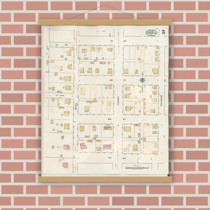 Old map wall art mockup — magnetic wood frame on brick wall — Sanborn Fire Insurance Map from Ferris, Ellis County, Texas (1941), Sheet #0005