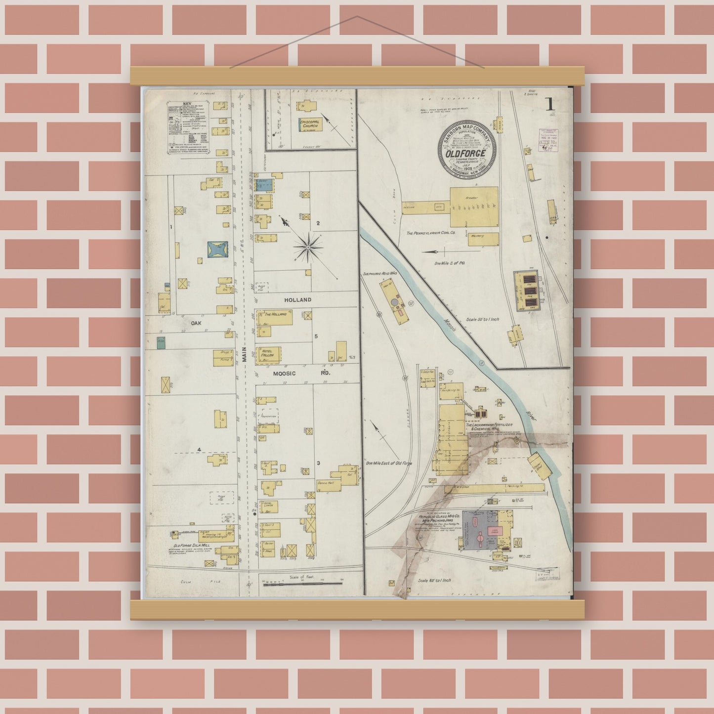 Old map wall art mockup — magnetic wood frame on brick wall — Sanborn Fire Insurance Map from Old Forge, Luzerne County, Pennsylvania (1903), Sheet #0001