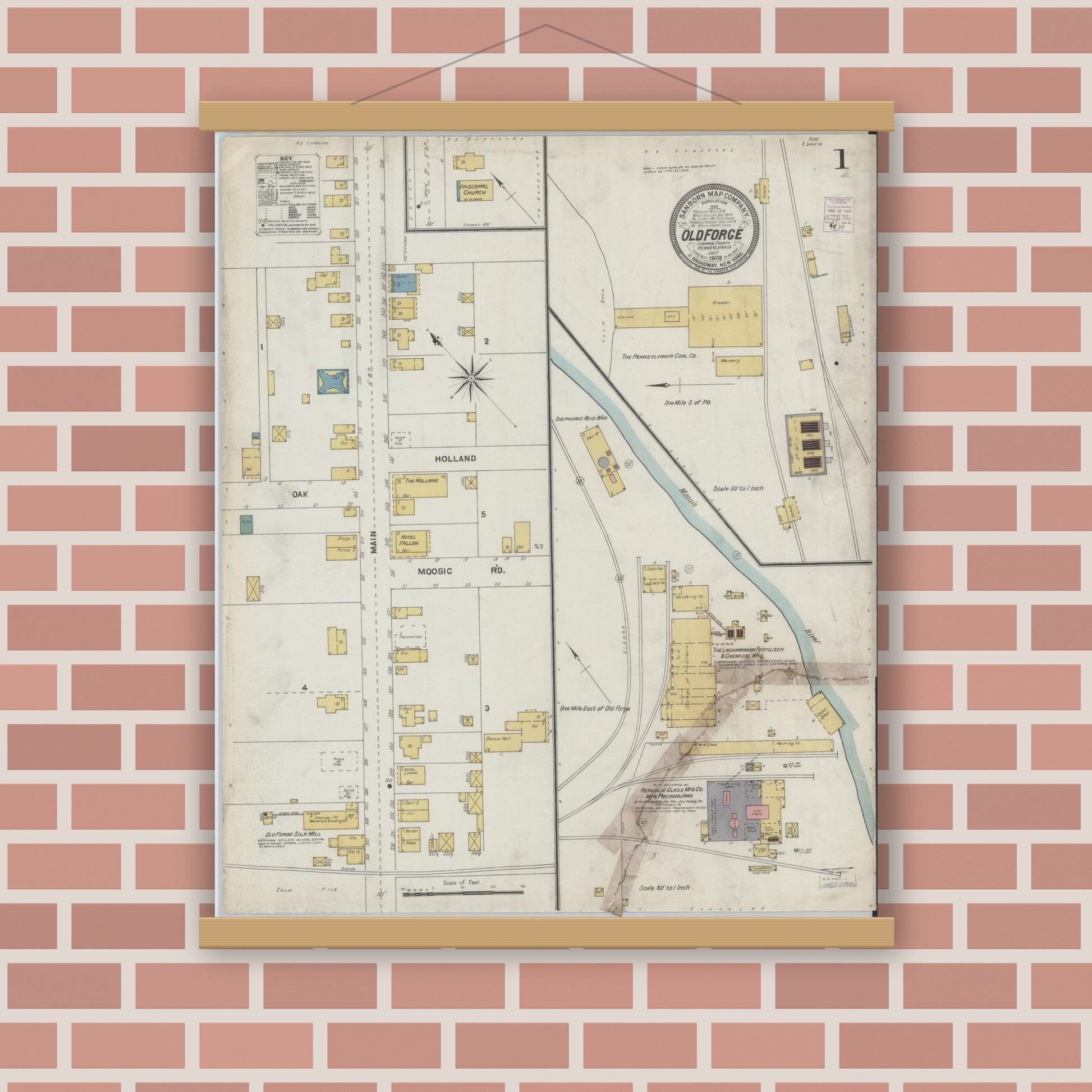 Old map wall art mockup — magnetic wood frame on brick wall — Sanborn Fire Insurance Map from Old Forge, Luzerne County, Pennsylvania (1903), Sheet #0001