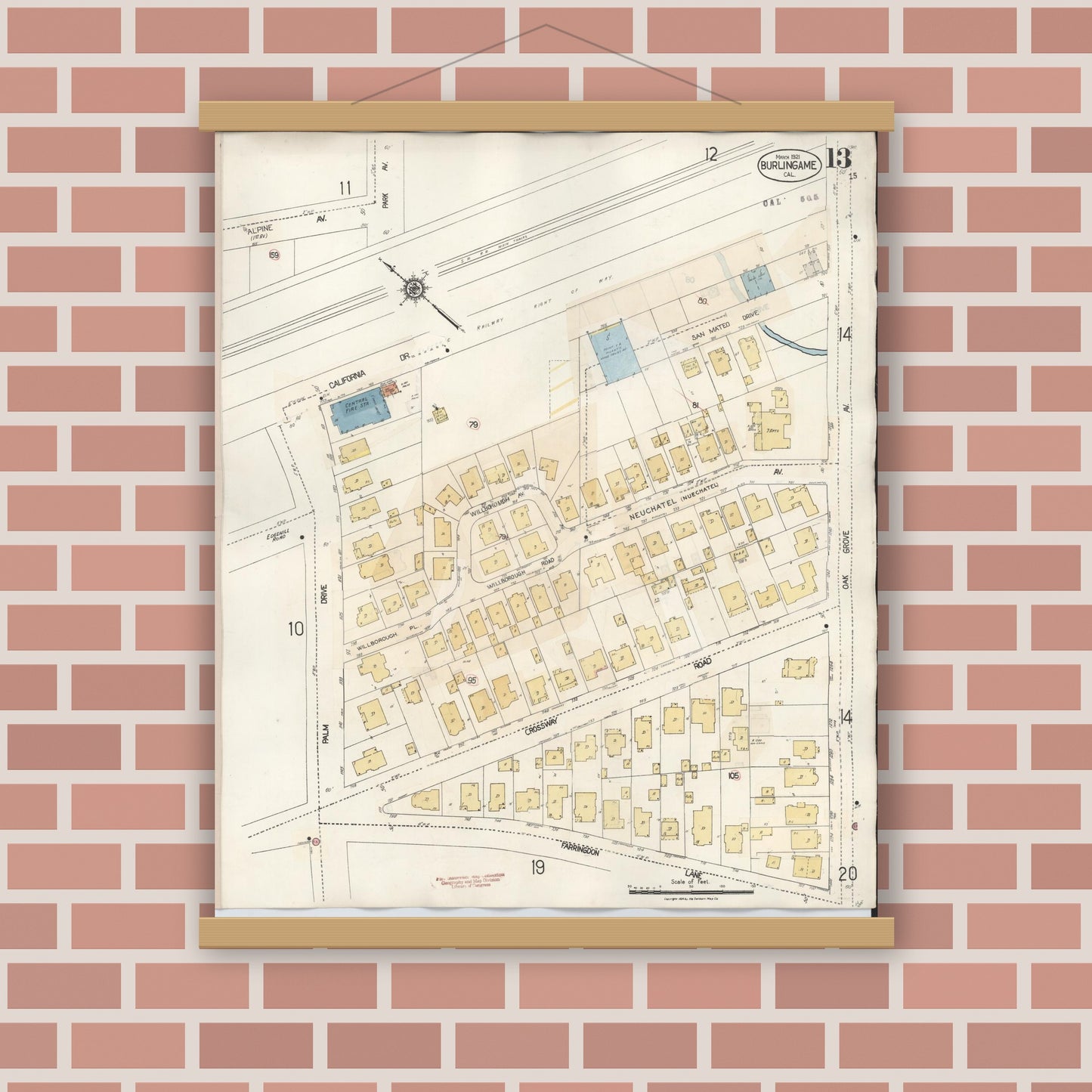 Old map wall art mockup — magnetic wood frame on brick wall — Sanborn Fire Insurance Map from Burlingame, San Mateo County, California (1949), Sheet #0013