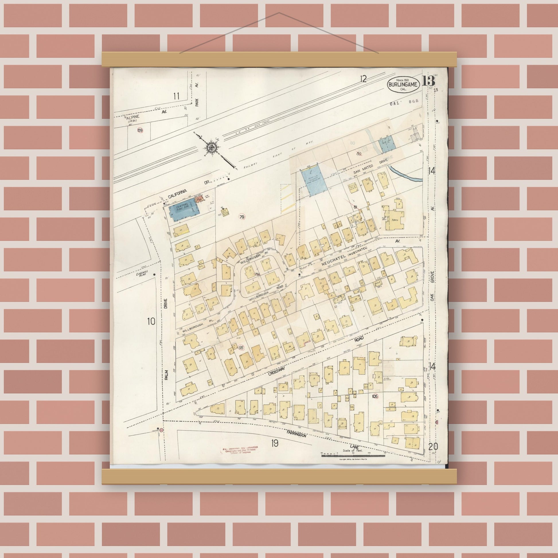 Old map wall art mockup — magnetic wood frame on brick wall — Sanborn Fire Insurance Map from Burlingame, San Mateo County, California (1949), Sheet #0013