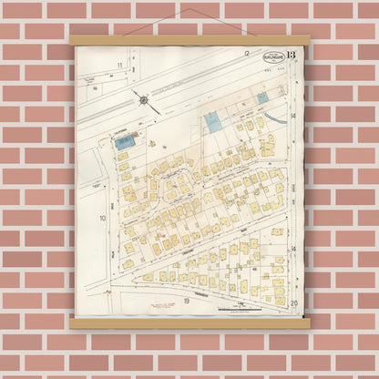 Old map wall art mockup — magnetic wood frame on brick wall — Sanborn Fire Insurance Map from Burlingame, San Mateo County, California (1949), Sheet #0013