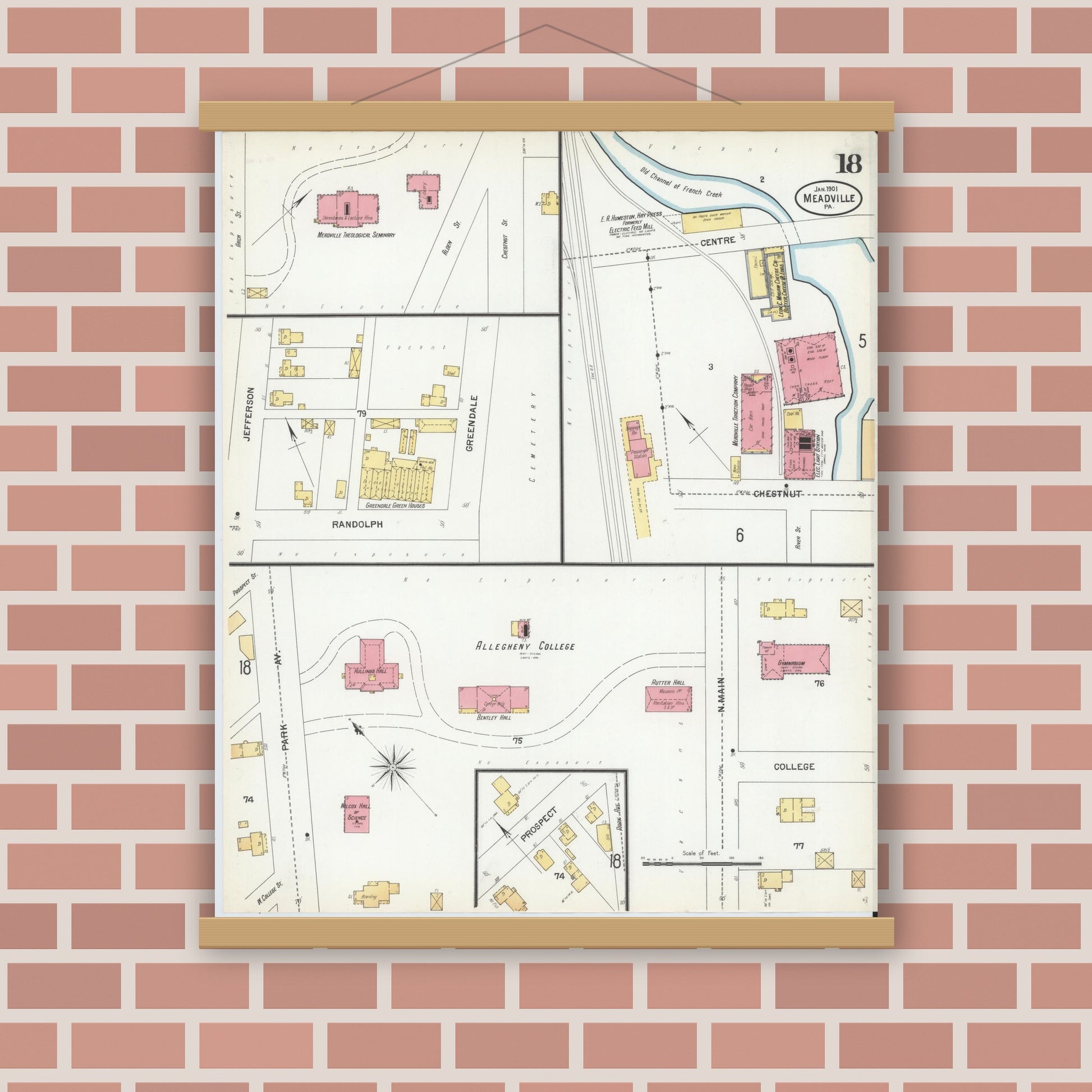 Old map wall art mockup — magnetic wood frame on brick wall — Sanborn Fire Insurance Map from Meadville, Crawford County, Pennsylvania (1901), Sheet #0018