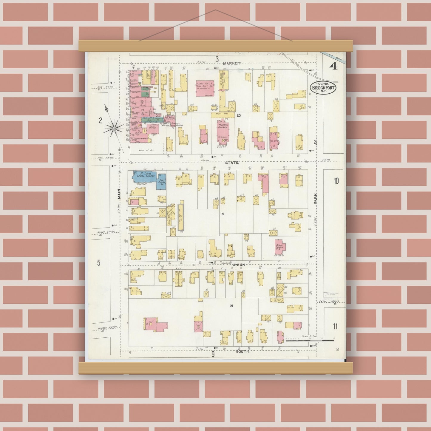 Old map wall art mockup — magnetic wood frame on brick wall — Sanborn Fire Insurance Map from Brockport, Monroe County, New York (1904), Sheet #0004